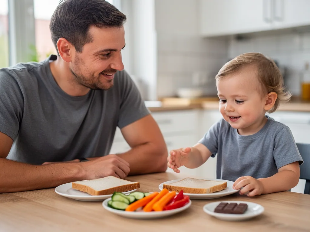 Vater und Kleinkind sitzen am Küchentisch mit Toast, Gemüse-Sticks und etwas Schokolade auf Tellern.