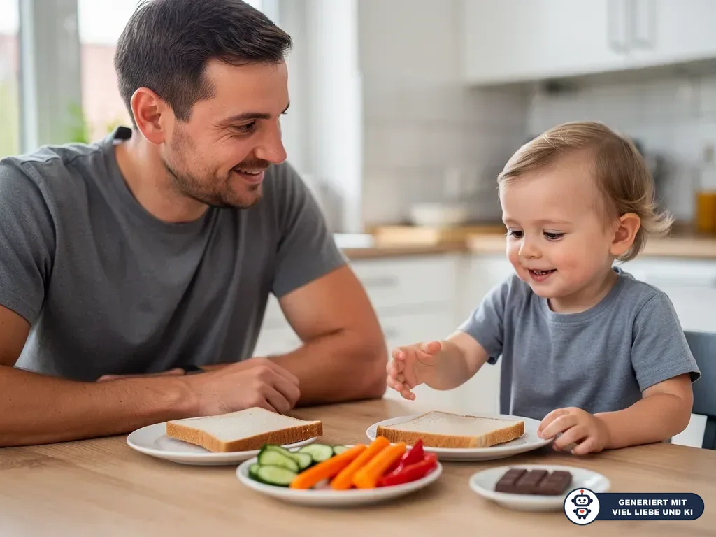 Vater und Kleinkind sitzen am Küchentisch mit Toast, Gemüse-Sticks und etwas Schokolade auf Tellern. (mit KI erstellt)
