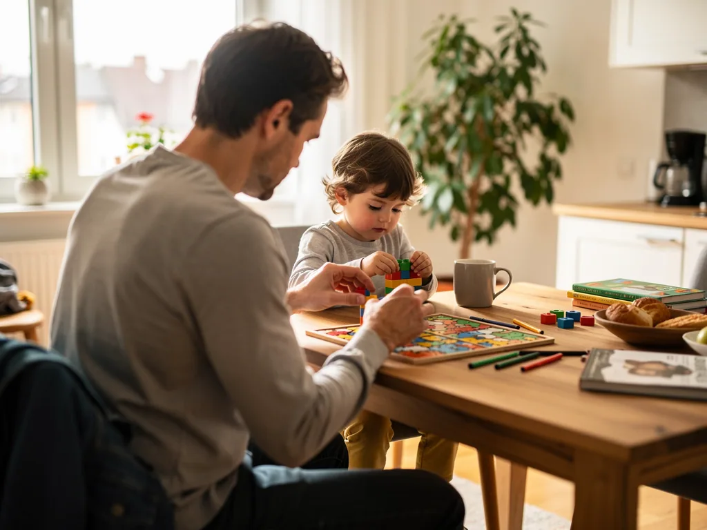 Vater und Kleinkind sitzen am Küchentisch und spielen mit bunten Bauklötzen und Malstiften.