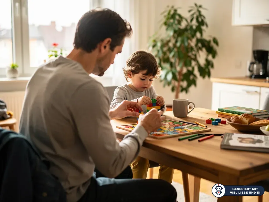 Vater und Kleinkind sitzen am Küchentisch und spielen mit bunten Bauklötzen und Malstiften. (mit KI erstellt)