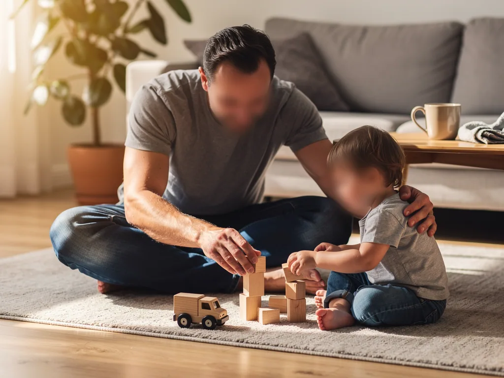 Vater und Kleinkind sitzen auf dem Wohnzimmerteppich und bauen gemeinsam mit Holzklötzen.
