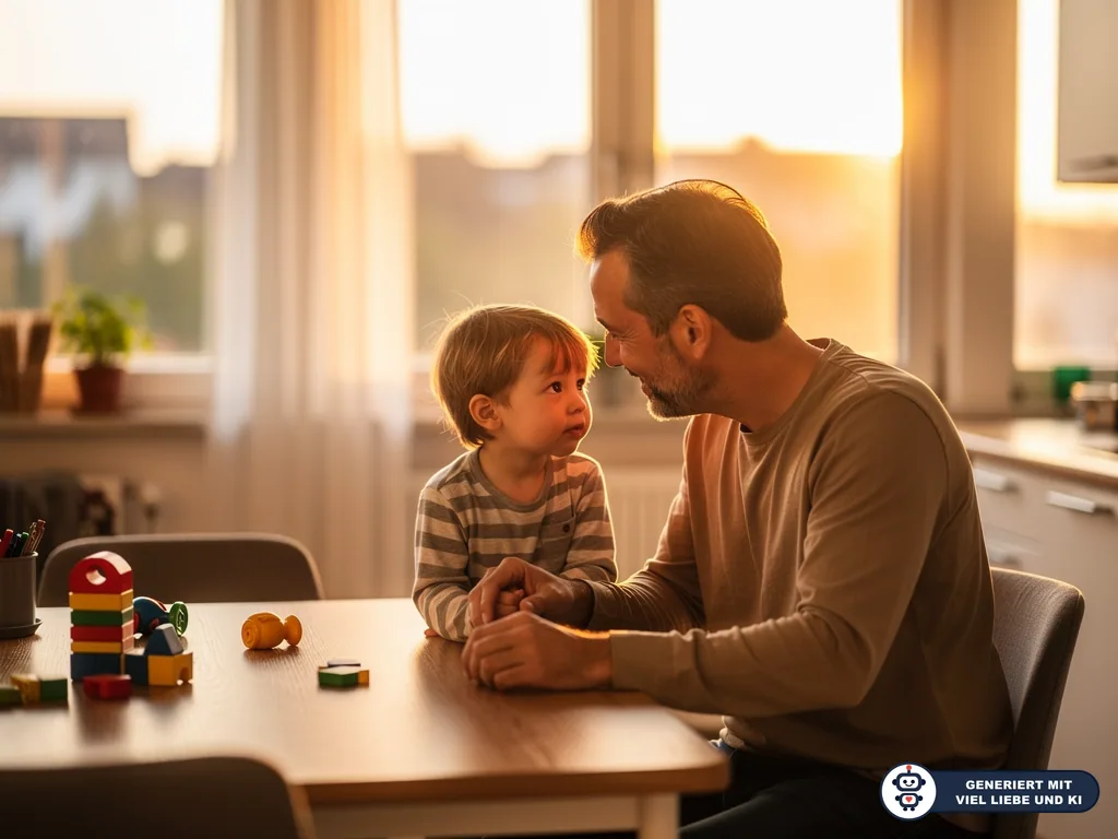 Vater und Kleinkind sitzen im warmen Abendlicht am Tisch und halten sich zwischen Spielzeug an den Händen. (mit KI erstellt)