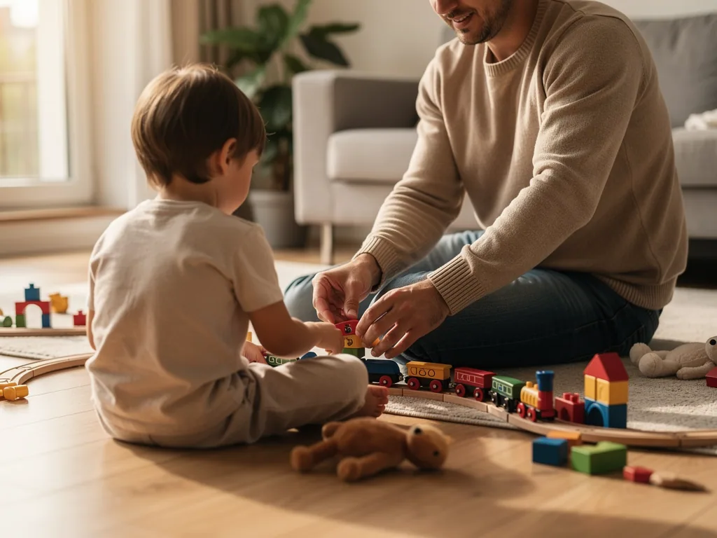 Vater und Kleinkind sitzen im Wohnzimmer auf dem Boden und spielen gemeinsam mit einer Holzeisenbahn.