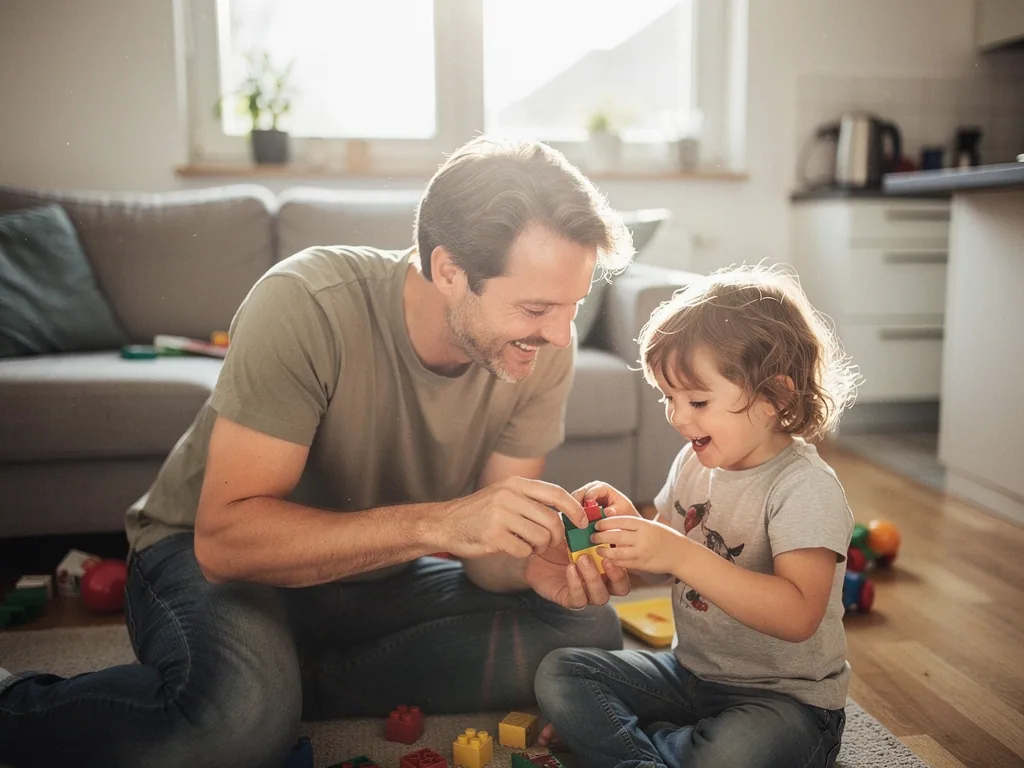 Vater und Kleinkind sitzen im Wohnzimmer auf dem Boden und spielen gemeinsam mit bunten Bausteinen.