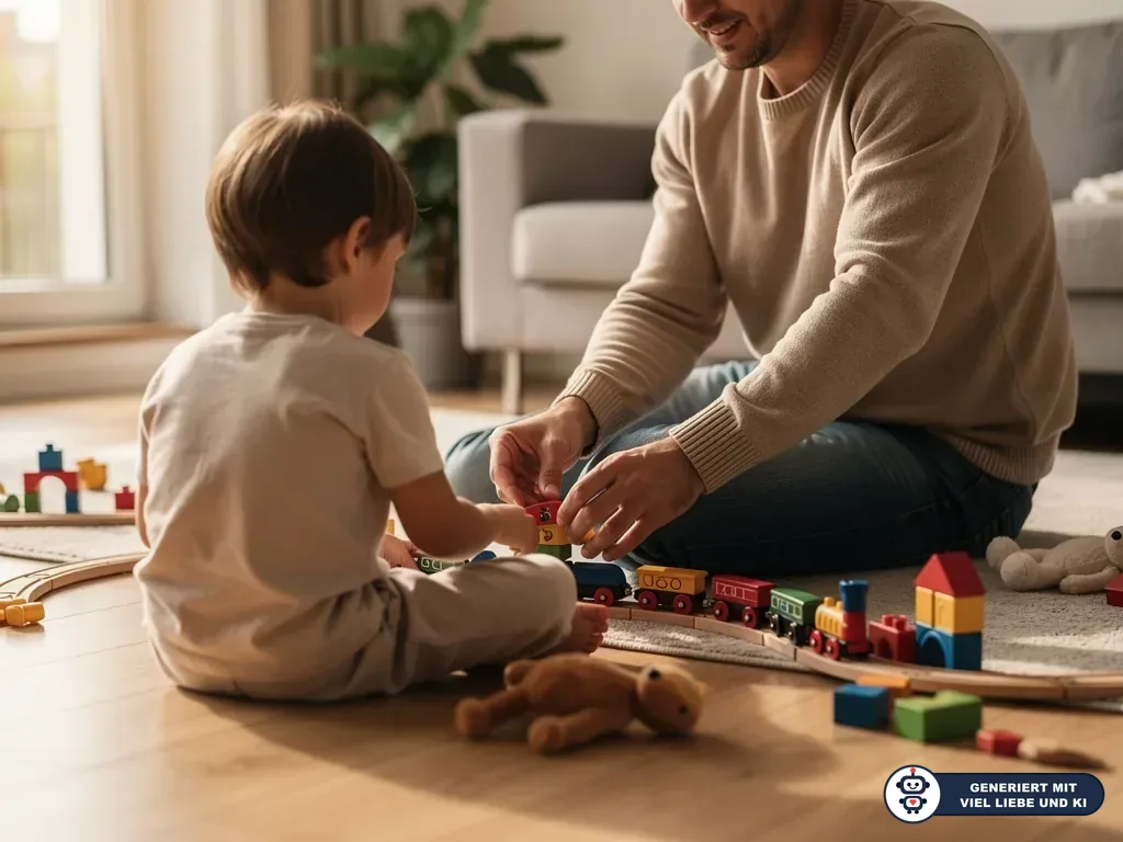 Vater und Kleinkind sitzen im Wohnzimmer auf dem Boden und spielen gemeinsam mit bunten Bausteinen. (mit KI erstellt)