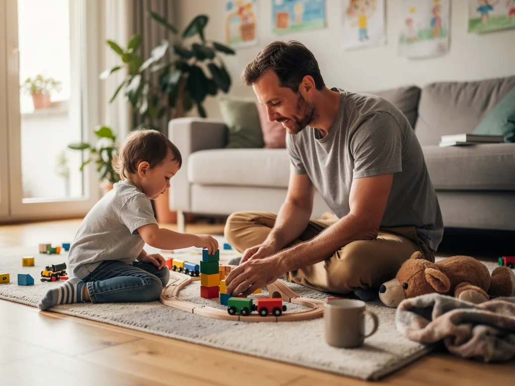 Vater und Kleinkind sitzen im Wohnzimmer auf dem Teppich und bauen mit Klötzen an einer Holzeisenbahn.