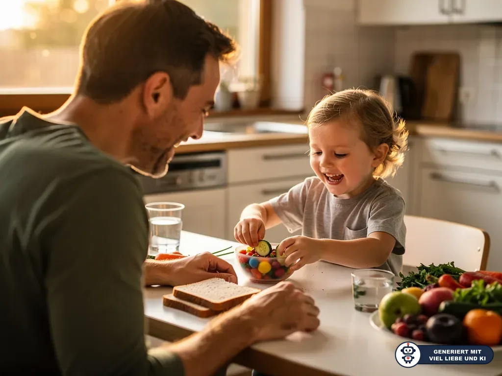 Vater und Kleinkind sitzen in der Küche am Tisch und bereiten gemeinsam Gemüse, Brot und Obst vor. (mit KI erstellt)