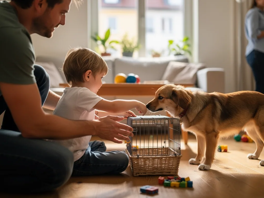 Vater und Kleinkind sitzen neben einer Transportbox, während ein Hund im Wohnzimmer daran schnuppert.
