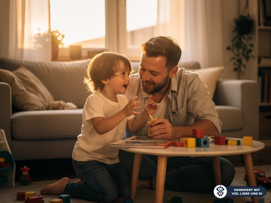 Vater und Kleinkind spielen im Wohnzimmer mit Bauklötzen an einem kleinen Tisch. (mit KI erstellt)
