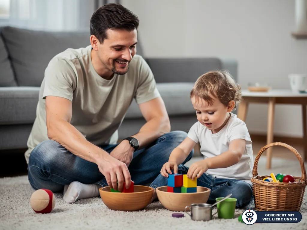 Vater und Kleinkind spielen im Wohnzimmer mit bunten Holzklötzen in Schalen auf dem Teppich. (mit KI erstellt)