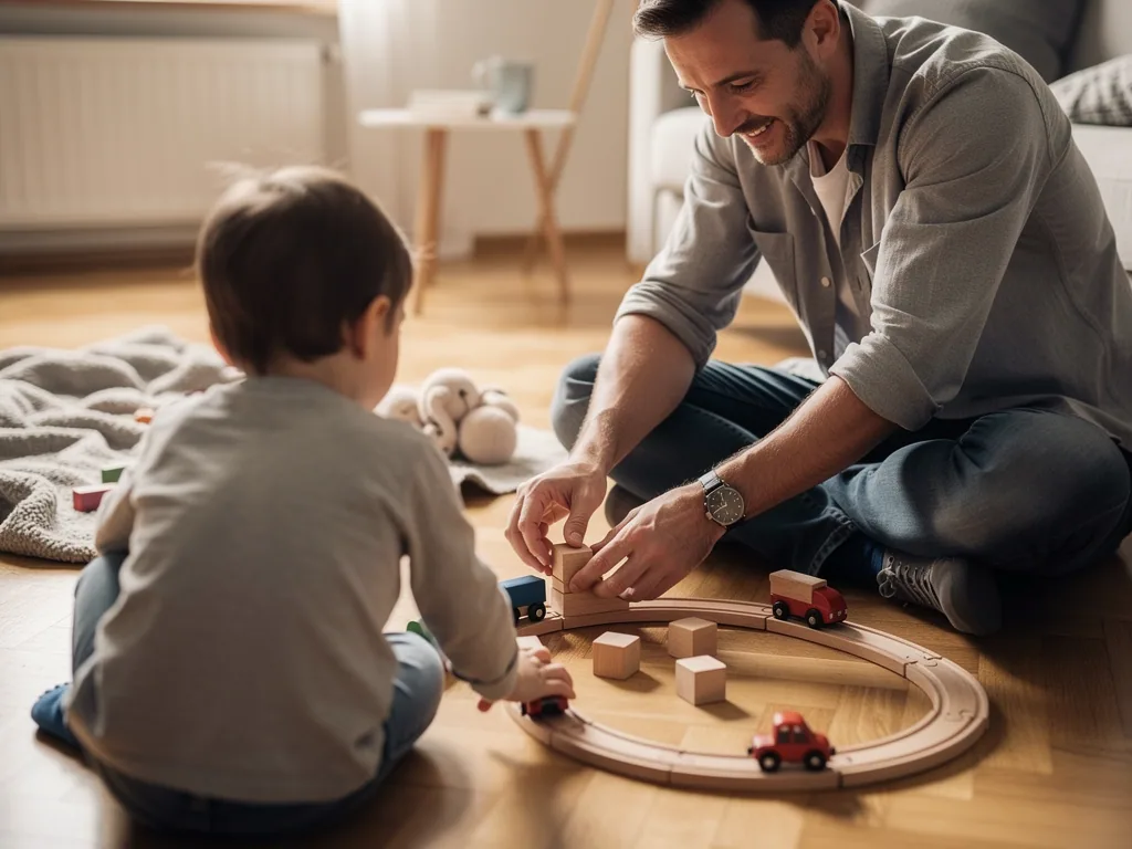 Vater und Kleinkind spielen im Wohnzimmer mit einer Holzeisenbahn und Holzklötzen auf dem Boden.