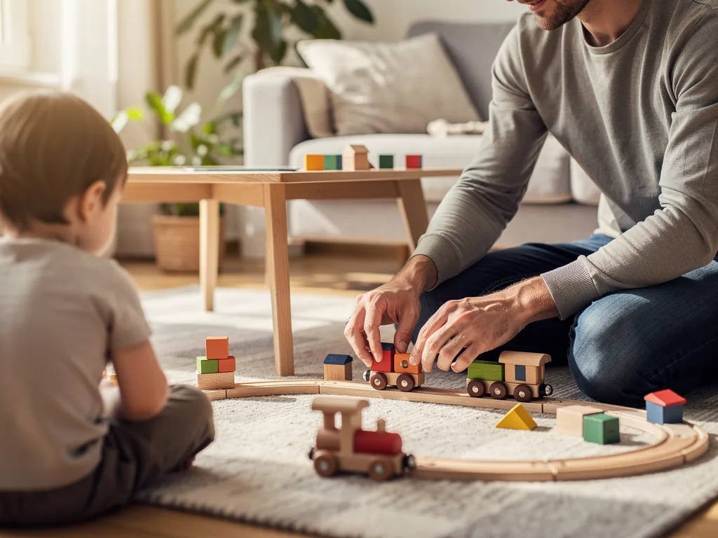 Vater und Kleinkind spielen im Wohnzimmer mit Holz-Eisenbahn, Bauklötzen und kleinen Holzzügen.