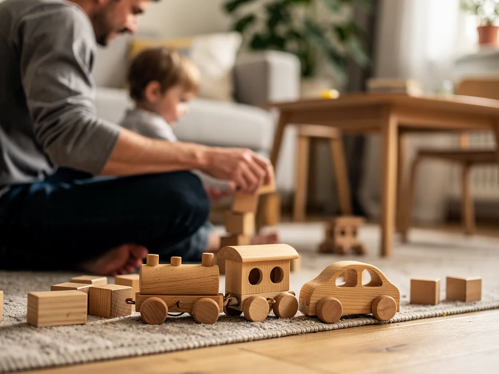 Vater und Kleinkind spielen im Wohnzimmer mit Holzauto, Holzzug und Bauklötzen auf dem Teppich.