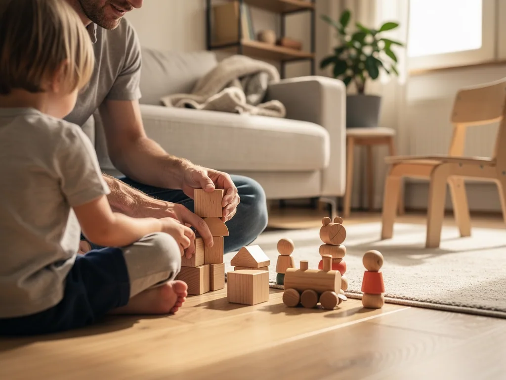 Vater und Kleinkind spielen im Wohnzimmer mit Holzbausteinen, Holzzug und kleinen Holzfiguren.