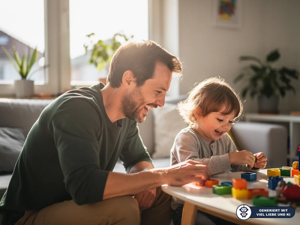 Vater und Kleinkind spielen lachend mit bunten Bausteinen an einem Tisch im Wohnzimmer. (mit KI erstellt)