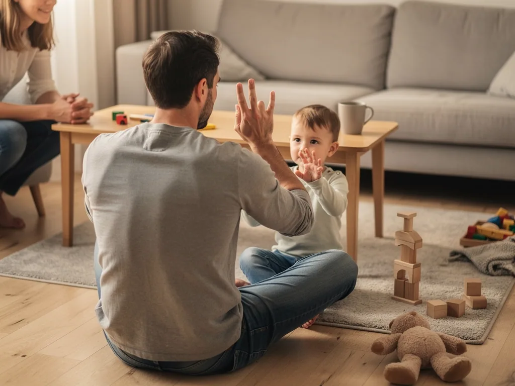 Vater und Kleinkind zählen mit Fingern im Wohnzimmer, Mutter sitzt daneben, Spielzeug liegt auf dem Teppich.