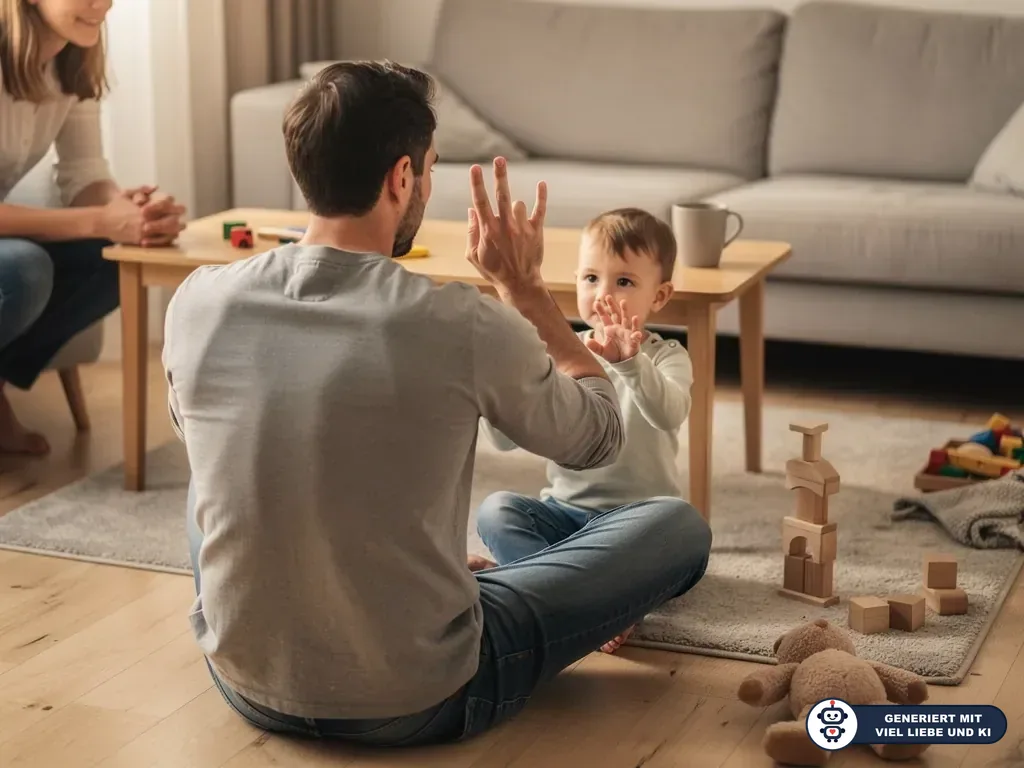 Vater und Kleinkind zählen mit Fingern im Wohnzimmer, Mutter sitzt daneben, Spielzeug liegt auf dem Teppich. (mit KI erstellt)
