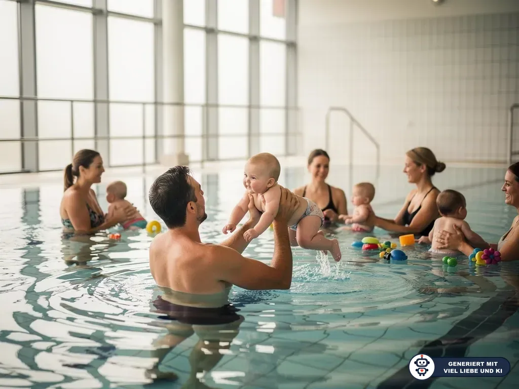 Väter und Mütter halten Babys beim Babyschwimmen im warmen Innenbecken mit buntem Wasserspielzeug. (mit KI erstellt)