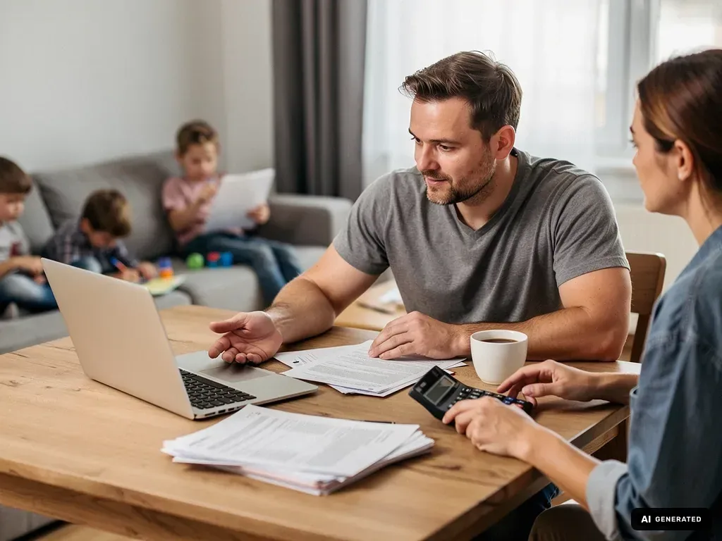 Vater und Mutter prüfen am Küchentisch Kreditunterlagen mit Laptop und Taschenrechner, Kinder spielen im Hintergrund. (mit KI erstellt)