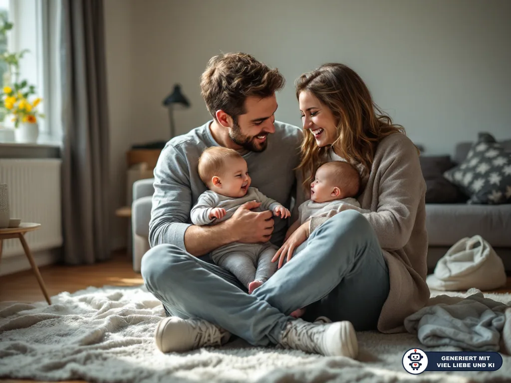 Vater und Mutter sitzen lachend mit zwei Babys auf einem Teppich im Wohnzimmer. (mit KI erstellt)