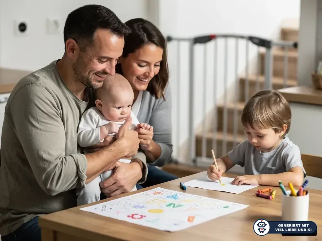 Vater und Mutter sitzen mit Baby am Tisch, während ein Kleinkind malt; im Hintergrund sichert ein Treppengitter den Raum. (mit KI erstellt)
