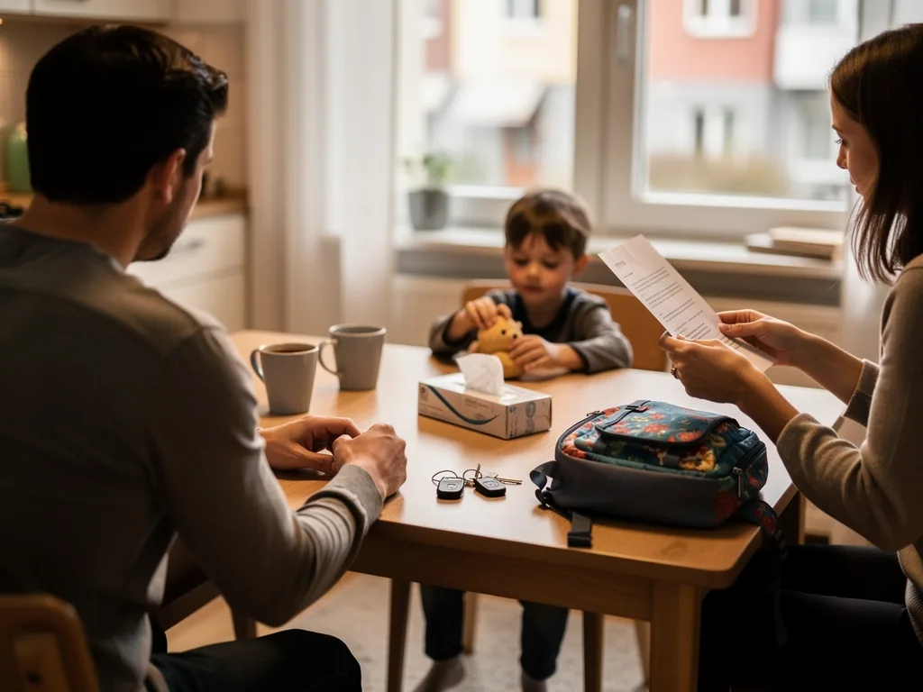 Vater und Mutter sitzen mit Kind am Tisch; die Mutter liest Unterlagen, das Kind hält ein Kuscheltier.