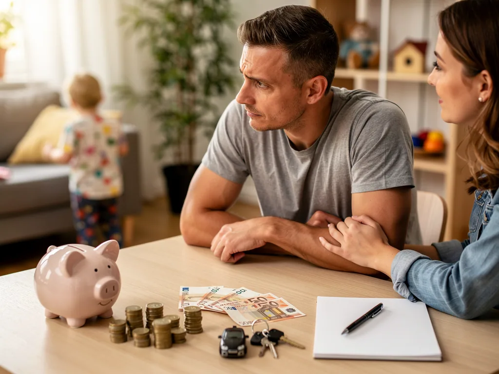 Vater und Mutter sitzen mit Sparschwein, Geld, Autoschlüssel und Notizblock am Tisch; Kind spielt im Hintergrund.