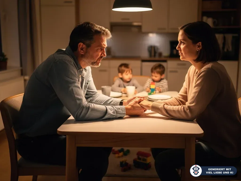 Vater und Partnerin halten sich am Küchentisch die Hände, während zwei Kinder im Hintergrund spielen. (mit KI erstellt)