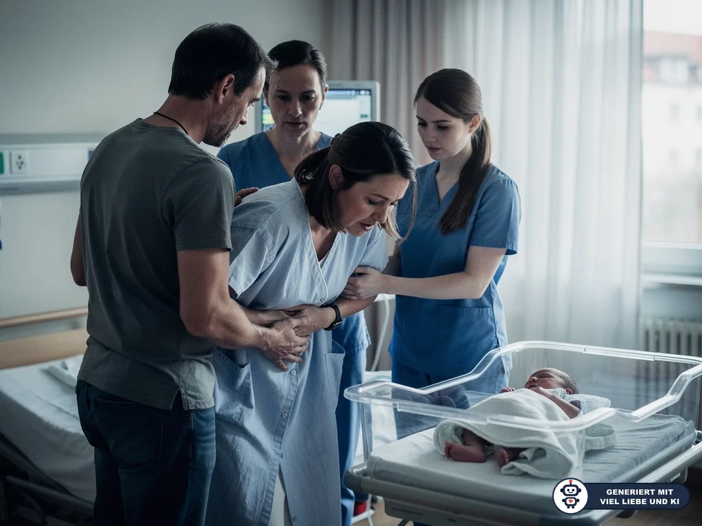 Vater und Pflegekräfte stützen eine Mutter im Krankenhauszimmer; ihr Neugeborenes liegt im Babybett. (mit KI erstellt)