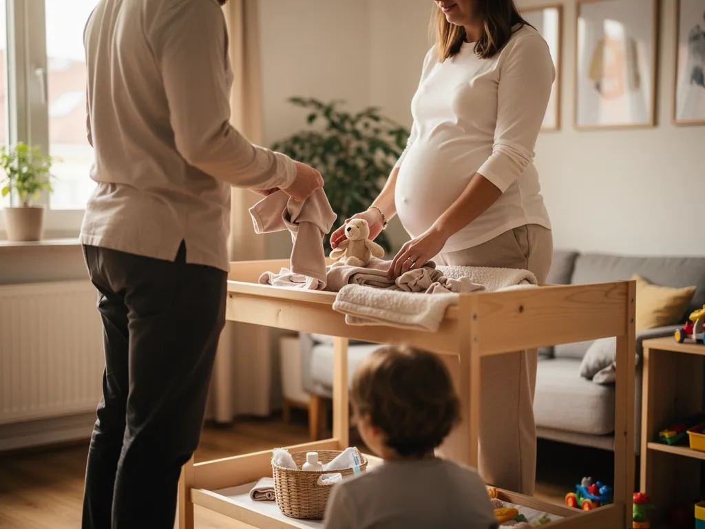 Vater und schwangere Mutter sortieren Babykleidung am Wickeltisch, ein Kleinkind sitzt davor im Wohnzimmer.