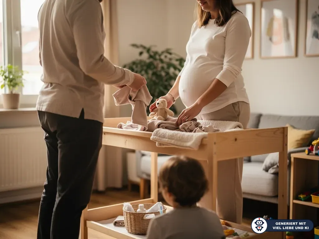 Vater und schwangere Mutter sortieren Babykleidung am Wickeltisch, ein Kleinkind sitzt davor im Wohnzimmer. (mit KI erstellt)