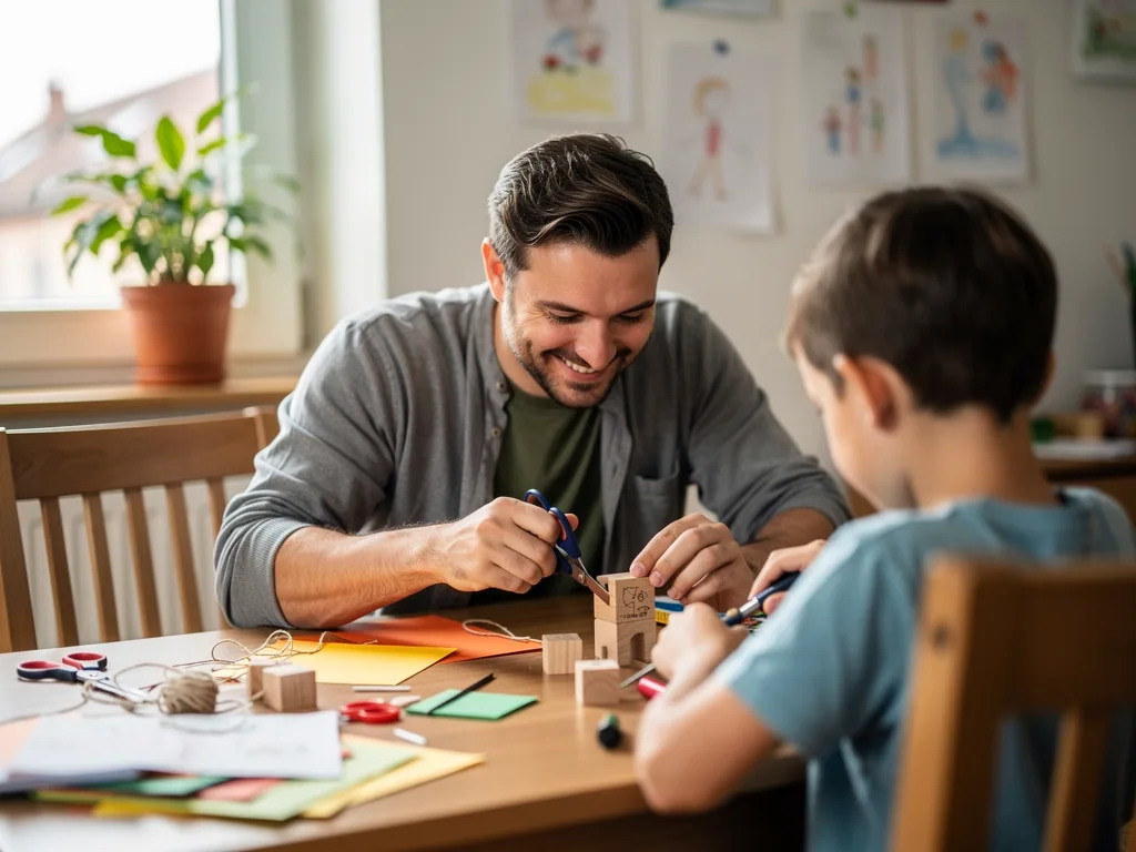 Vater und Sohn basteln am Tisch mit Holzklötzen, Papier und Scheren in einem hellen Kinderzimmer.