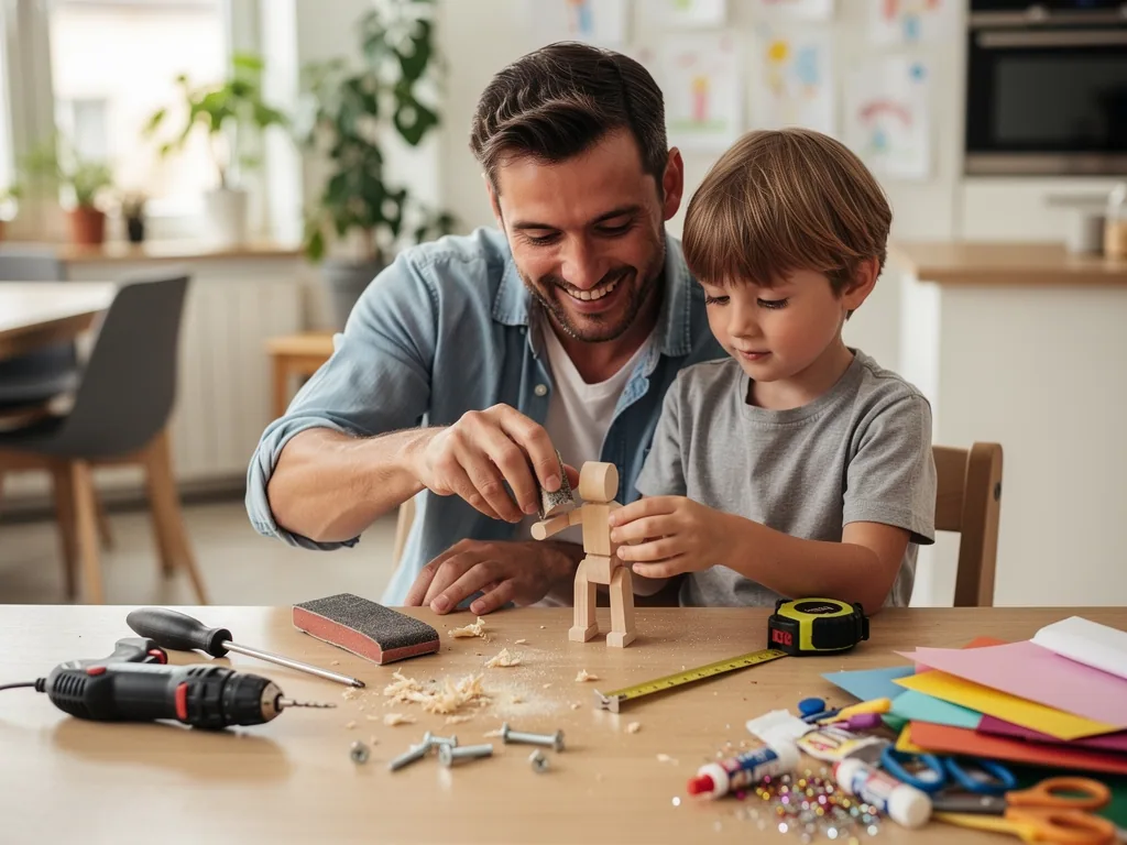 Vater und Sohn bauen am Küchentisch gemeinsam eine Holzfigur mit Werkzeug und Bastelmaterial.