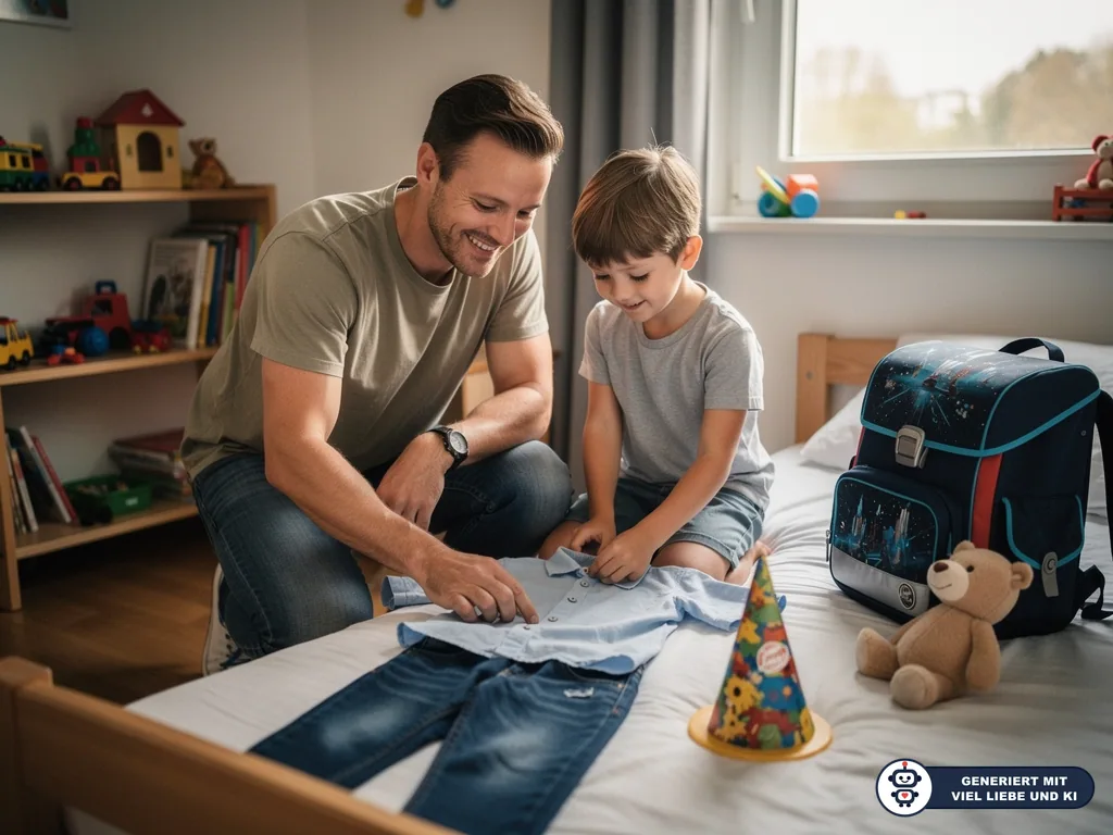 Vater und Sohn legen Kleidung für die Einschulung auf dem Bett bereit, daneben Schulranzen, Schultüte und Teddy. (mit KI erstellt)