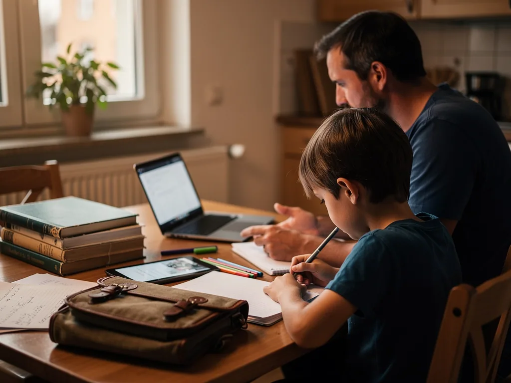 Vater und Sohn lernen am Küchentisch mit Laptop, Heften, Büchern und Stiften.
