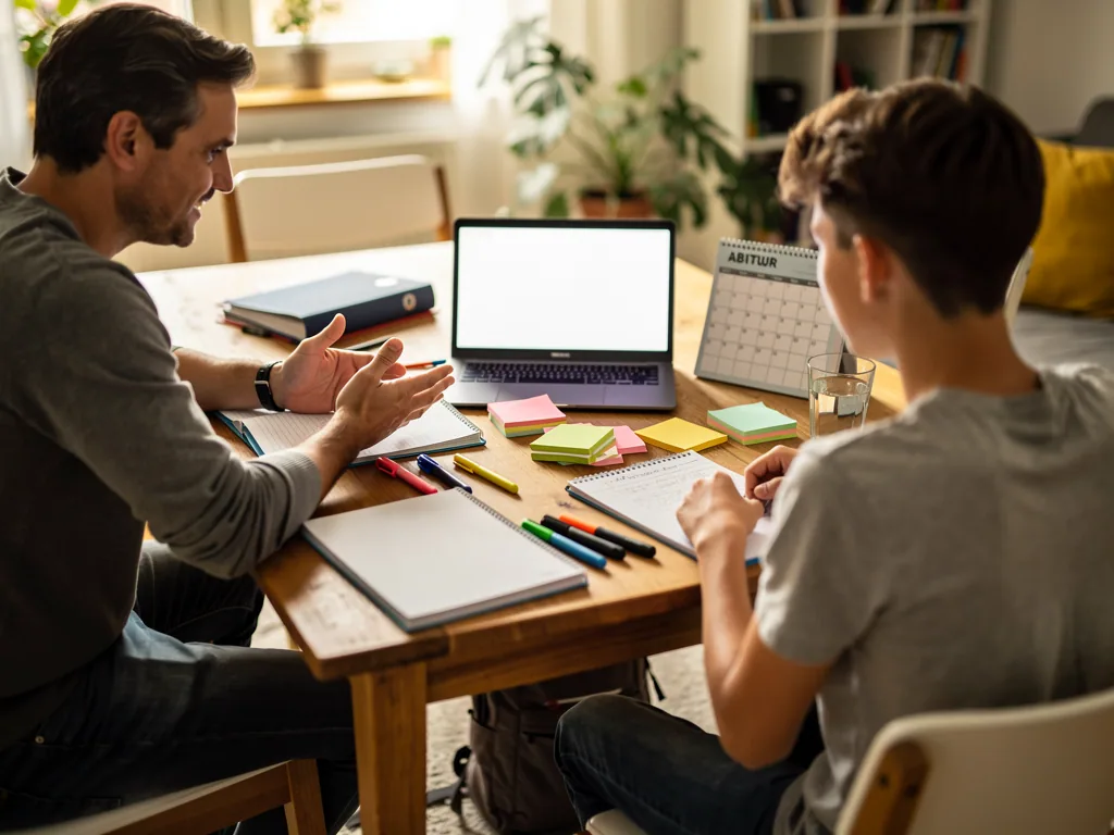 Vater und Sohn planen am Tisch mit Laptop, Notizbüchern, Klebezetteln und Abitur-Kalender die Zeit nach dem Abi.