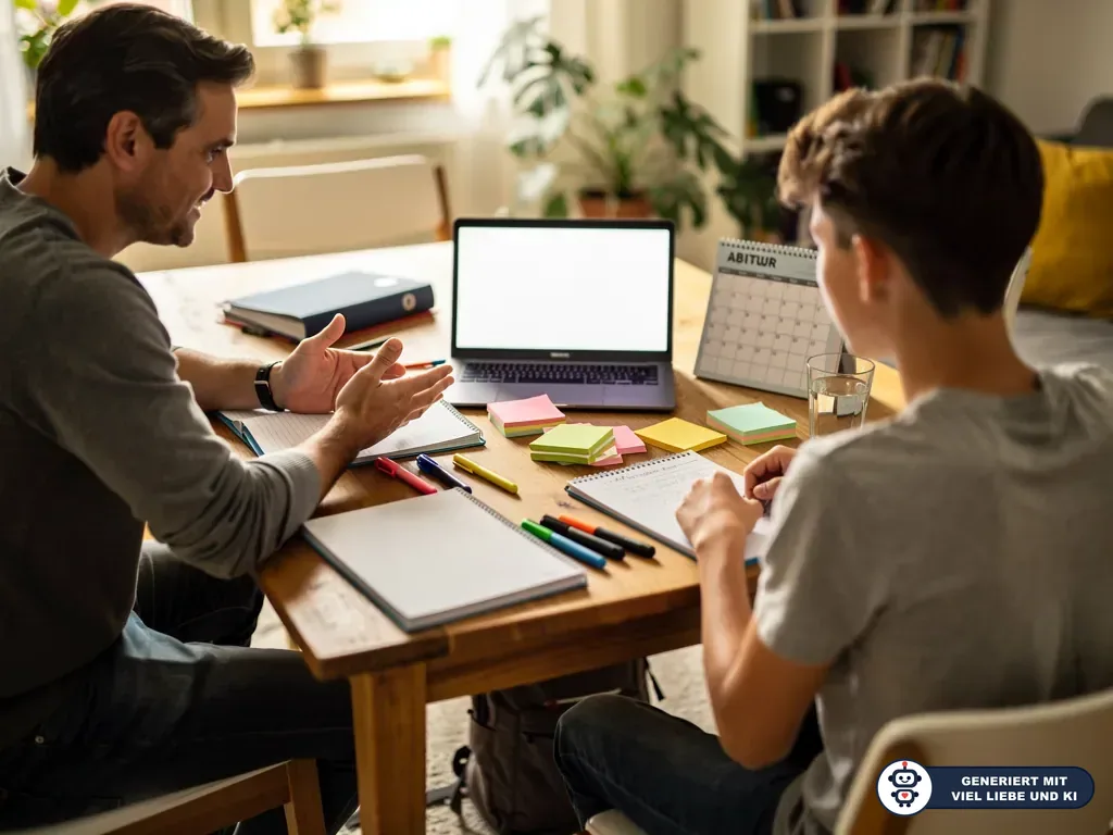 Vater und Sohn planen am Tisch mit Laptop, Notizbüchern, Klebezetteln und Abitur-Kalender die Zeit nach dem Abi. (mit KI erstellt)