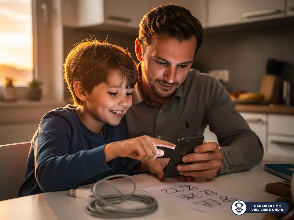 Vater und Sohn richten gemeinsam am Küchentisch ein Smartphone ein; daneben liegen Ladekabel und Notizzettel. (mit KI erstellt)