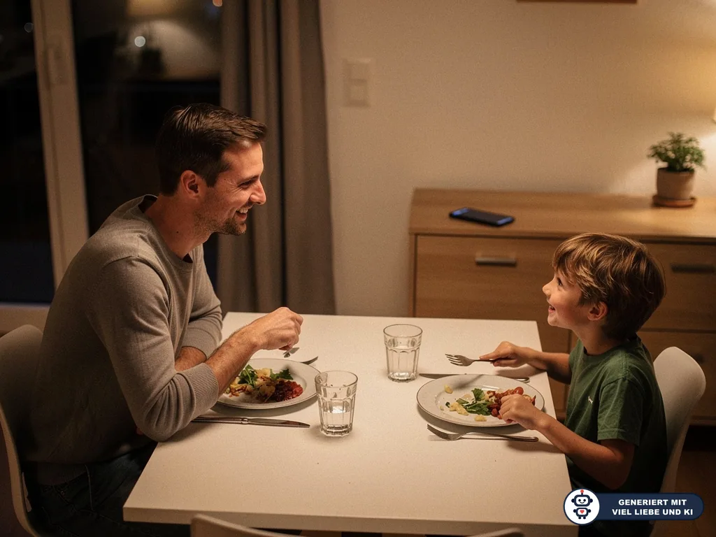 Vater und Sohn sitzen abends am Esstisch, essen gemeinsam und sprechen; ein Smartphone liegt abseits auf der Kommode. (mit KI erstellt)