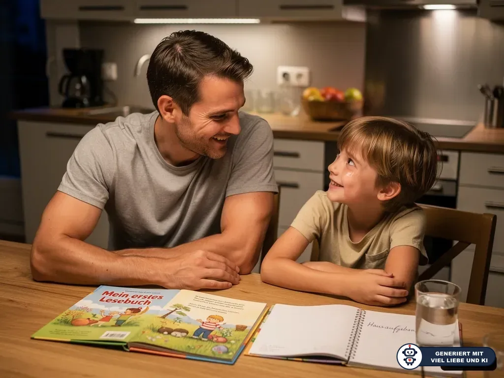 Vater und Sohn sitzen am Küchentisch mit Lesebuch und Heft und sprechen entspannt miteinander. (mit KI erstellt)