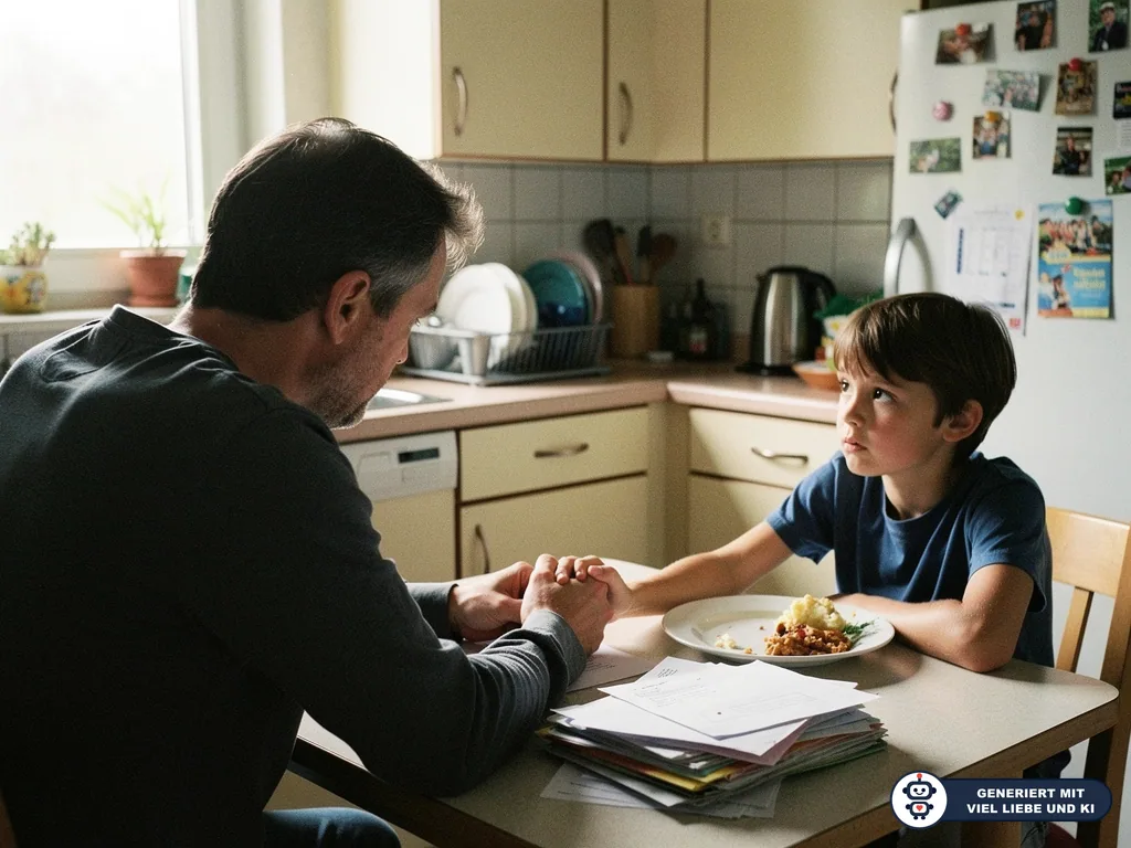 Vater und Sohn sitzen in der Küche am Tisch, halten Hände; daneben liegen Unterlagen und ein Teller Essen. (mit KI erstellt)