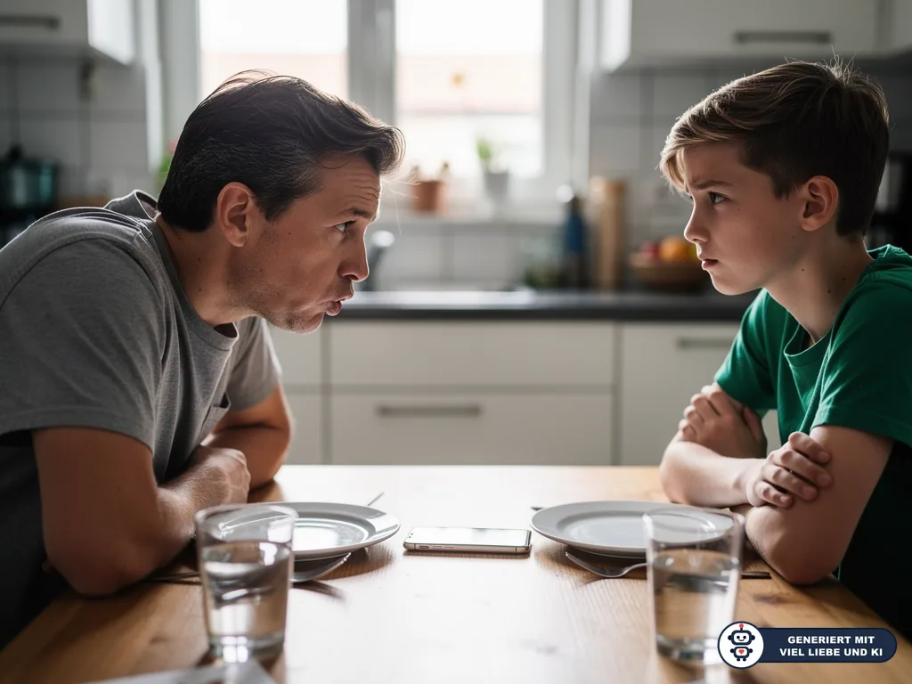 Vater und Sohn sitzen sich angespannt am Küchentisch gegenüber, mit verschränkten Armen und ernstem Blick. (mit KI erstellt)