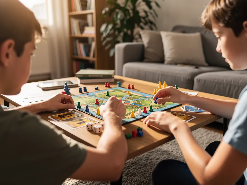 Vater und Sohn spielen ein Brettspiel mit Figuren, Karten und Würfeln am Couchtisch im Wohnzimmer.