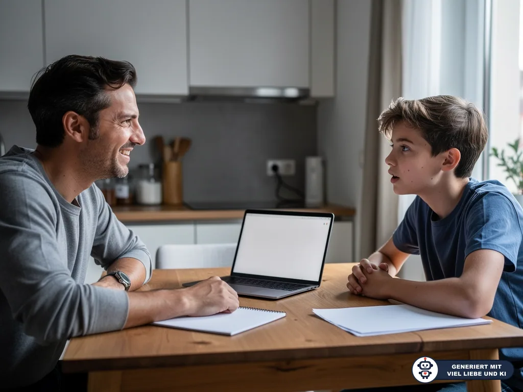 Vater und Sohn sprechen am Küchentisch mit Laptop und Notizen über mögliche Bildungswege. (mit KI erstellt)