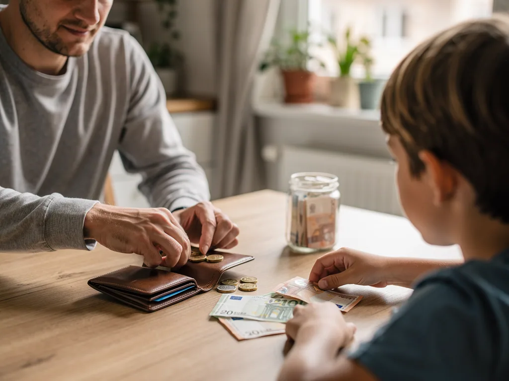 Vater und Sohn zählen am Küchentisch Euro-Scheine und Münzen neben Geldbörse und Sparglas.
