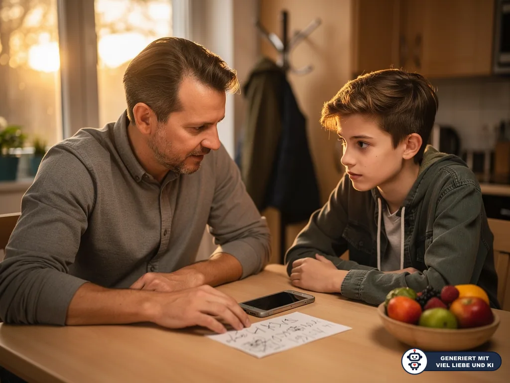 Vater und Teenager besprechen am Küchentisch Notizen und Handy zu Ausgehzeiten. (mit KI erstellt)