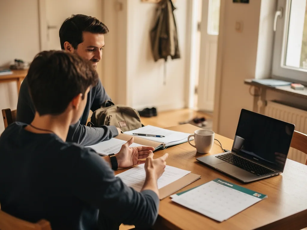 Vater und Teenager besprechen am Küchentisch Unterlagen, Laptop und Kalender für die Zeit nach der Schule.