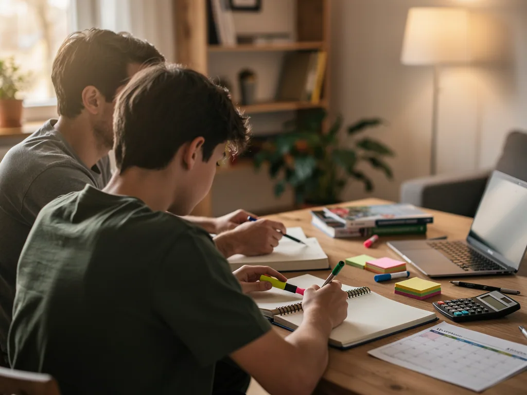 Vater und Teenager lernen gemeinsam am Schreibtisch mit Laptop, Heften, Kalender und Taschenrechner.