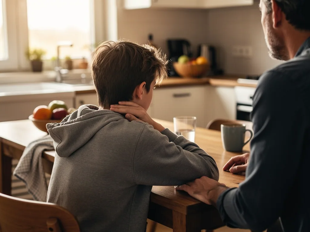 Vater und Teenager sitzen am Küchentisch; der Junge hält sich nachdenklich den Hals.