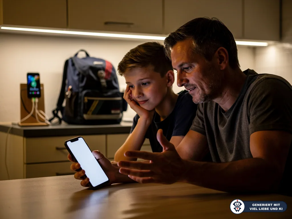 Vater und Teenager sitzen am Küchentisch und besprechen gemeinsam ein Smartphone mit hellem Bildschirm. (mit KI erstellt)